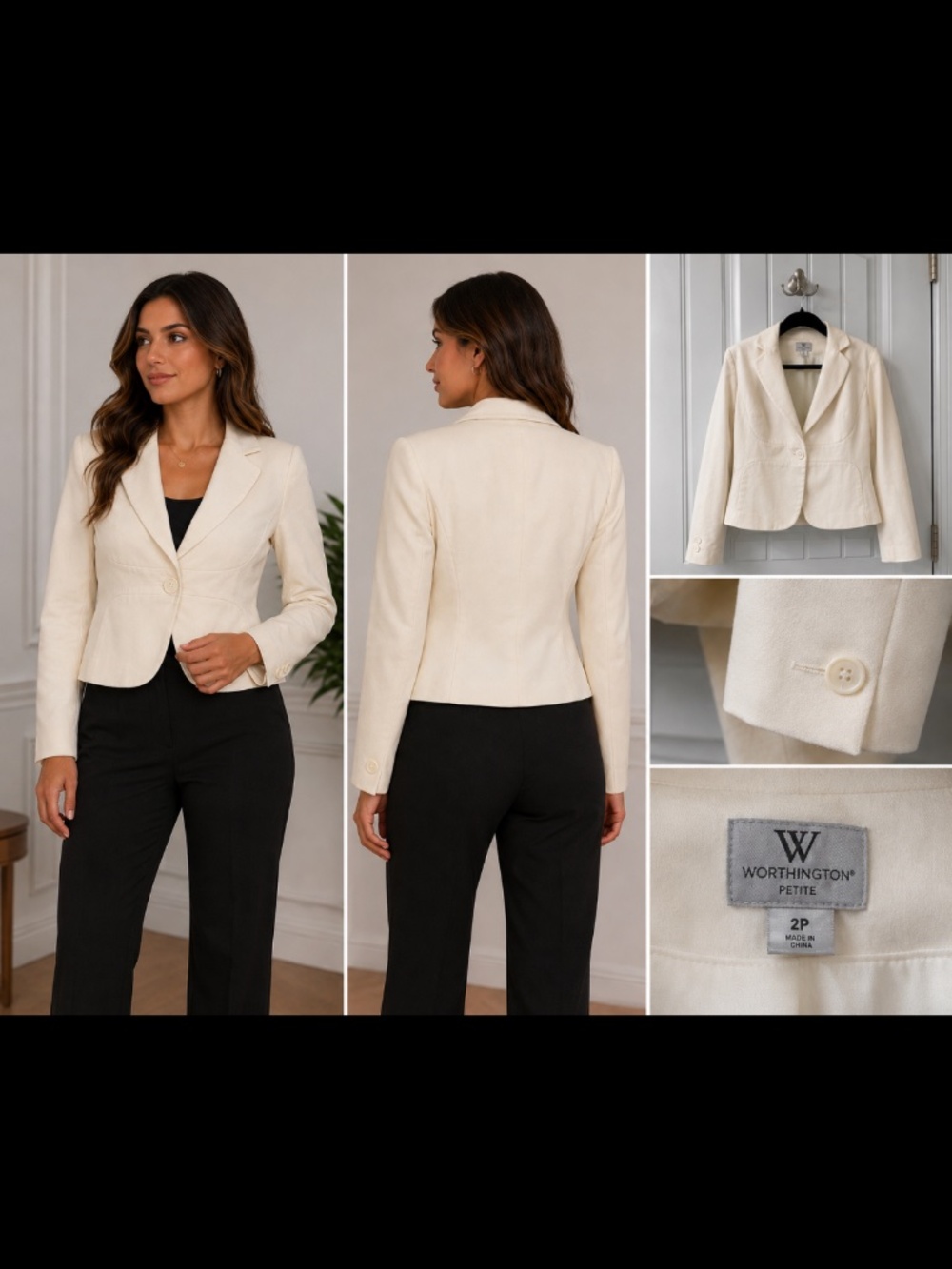 Worthington Petite Cream Cropped Blazer Jacket Size 2P Tailored Career Office